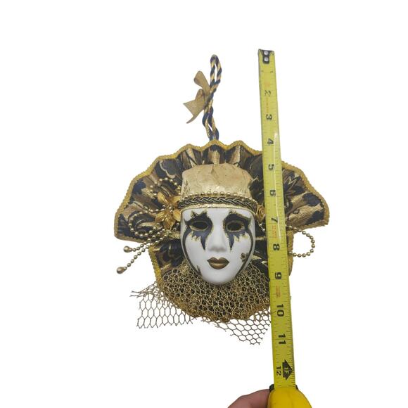 Vintage Venetian Jester Wall Mask Gold Black Porcelain Face Masquerade Decor - Picture 3 of 10